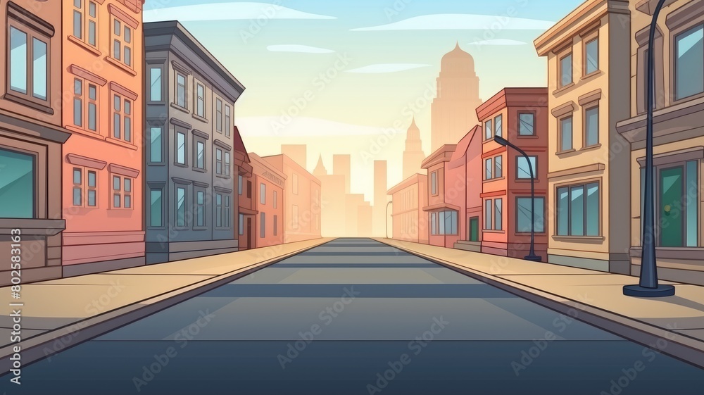 Cartoon illustration of a vibrant, empty city street with colorful buildings under a clear sky