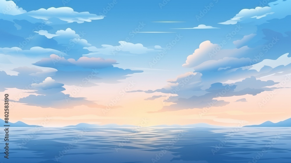 Cartoon illustration of a peaceful early morning sky with a pastel sunrise over a serene sea