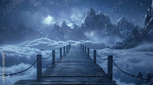 Whimsical Bridge to the Unknown: A wooden bridge suspended against a backdrop of fantastical clouds in a surreal landscapSeamless looping 4k time-lapse virtual video animation background. Generated AI