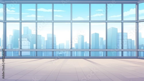 Cartoon illustration of an empty office space with a panoramic cityscape at sunset  exuding a modern corporate vibe