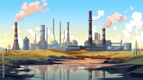 Cartoon illustration of a factory emitting pollution, highlighting environmental concerns © chesleatsz