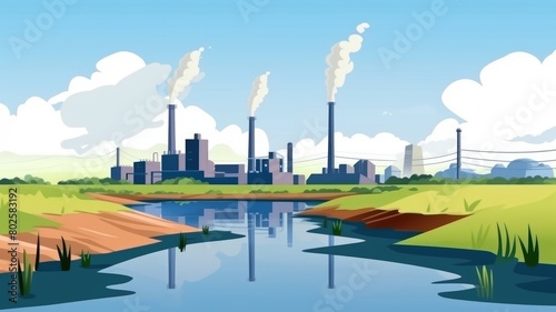 Cartoon illustration of a factory emitting pollution  highlighting environmental concerns