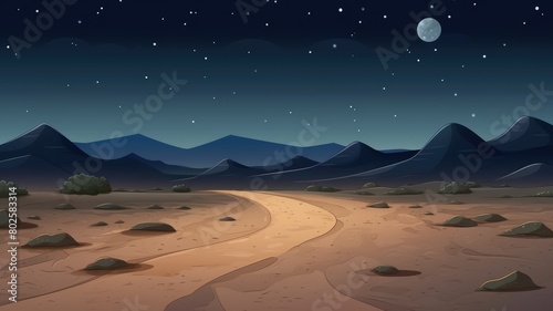 Enchanting desert night scene  with serene mountains and a starlit path in a cartoon illustration