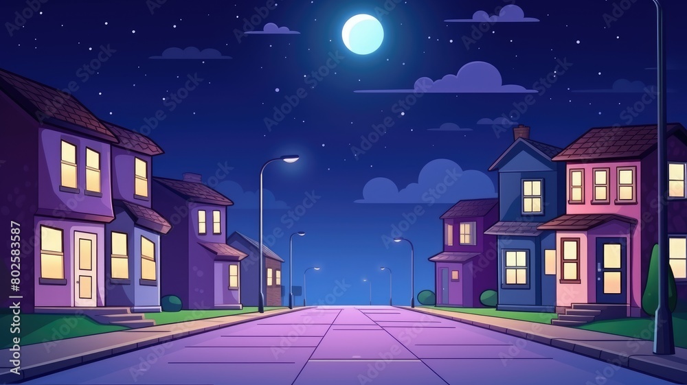 Vibrant cartoon illustration of a city street at night, aglow with neon lights and charming houses