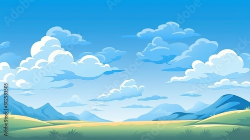 Cheerful cartoon illustration of fluffy clouds drifting in a bright blue sky  perfect for a serene backdrop