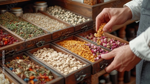 Traditional Apothecary Setting: Chinese Herbalist Selects Herbs from Wooden Drawers photo