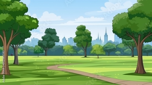 Cheerful cartoon illustration of a city park, brimming with greenery and a serene lake under a sunny sky