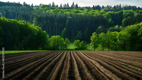 The image portrays a serene landscape featuring a freshly plowed field in the foreground and a dense forest in the background photo