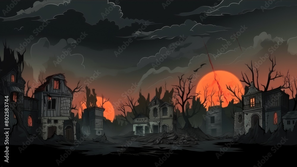 Dramatic cartoon illustration of a city ravaged by war, showcasing desolate streets at sunset
