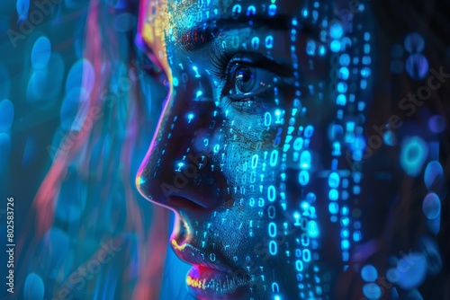 Woman's face with binary code, digital art