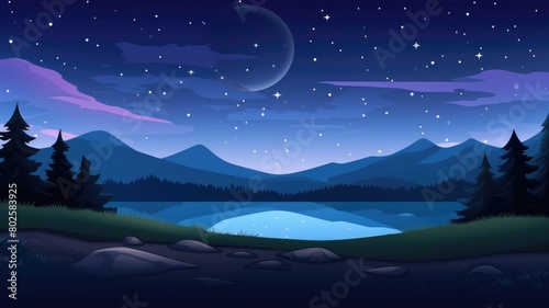 Enchanting cartoon illustration of a serene night landscape with a moonlit lake and forest backdrop