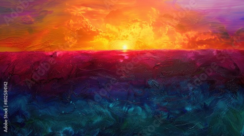 A stunning painting capturing a vibrant sunset with hues of orange and amber reflecting in the water, set against a backdrop of red sky and fluffy cumulus clouds AIG50