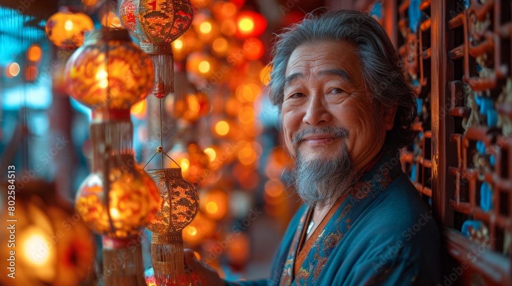 Elderly Asian Man Smiling in Traditional Attire Among Vibrant Chinese Lanterns Elderly Asian Man Smiling in Traditional Attire Among Vibrant Chinese Lanterns
