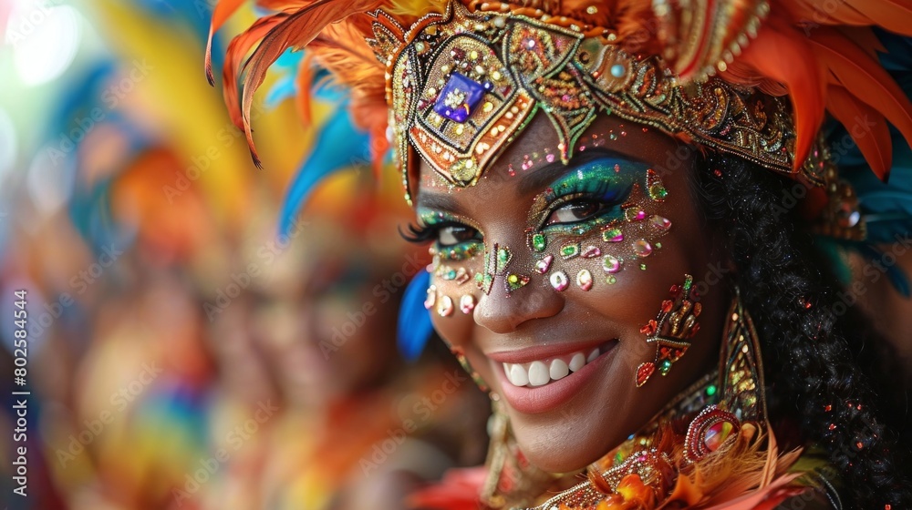 Vibrant Samba Parade Showcase: Close-Up of Smiling Dancer in Extravagant Costume at Mangueira School