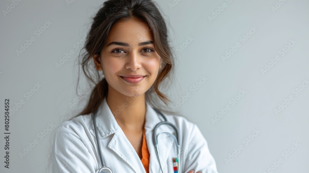 Portrait of a Confident Indian Female Doctor with a Stethoscope in a Medical Setting Portrait of a Confident Indian Female Doctor with a Stethoscope in a Medical Setting