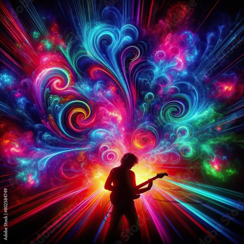 silhouette of person playing the guitar surrounded by vibrant explosion of colorful swirling lights background