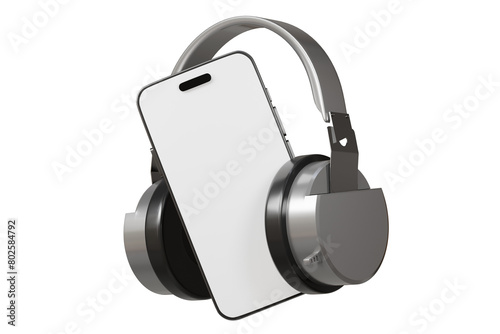 3d Headphone with smartphone icon isolated on white background. Minimal headphone with mobile phone icon creative design. 3d render.