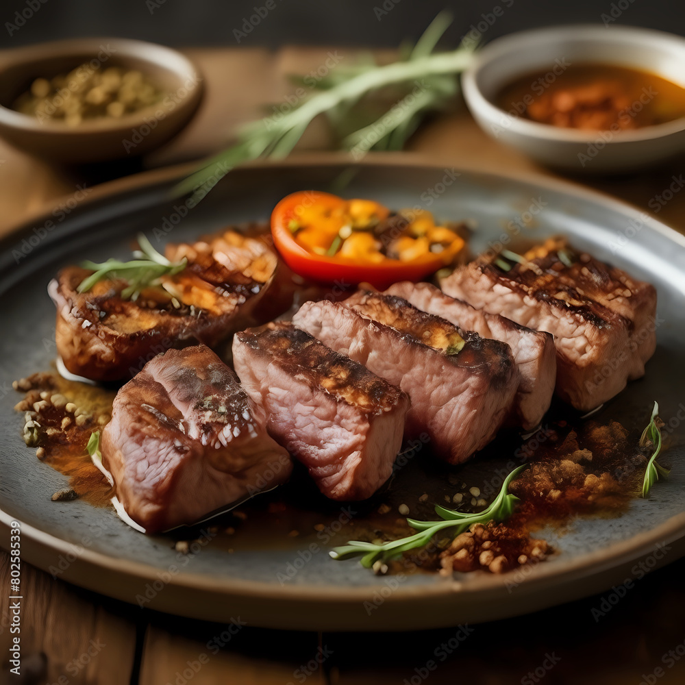 Grilled meat on rustic plate cooked with gourmet spices - generated by ai Grilled meat on rustic plate cooked with gourmet spices - generated by ai