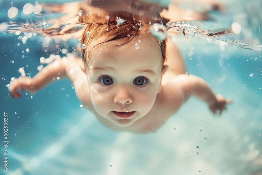Baby swimming underwater with open eyes