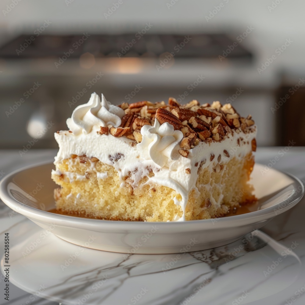 Butter Pecan Praline Poke Cake features a moist yellow cake base, visibly soaked with pecan praline topping and sweetened condensed milk, topped with fluffy whipped cream Butter Pecan Praline Poke Cake features a moist yellow cake base, visibly soaked with pecan praline topping and sweetened condensed milk, topped with fluffy whipped cream