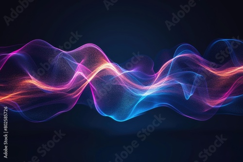 Abstract digital music beat or audio wave with black background. Creativity artistic abstract picture of computer motion graphic of sound wave with futuristic neon color flowing and glowing. AIG42.