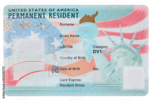 Green Card. Immigrant ID. US Permanent resident card. Immigration to USA. Electronic Diversity Visa Lottery DV-2024 DV Lottery Results. United States of America. American dream. Isolated background