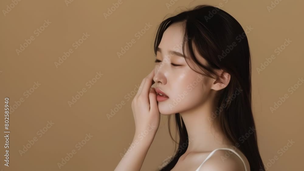 A young East Asian woman with long dark hair gazes pensively off-camera, her hand raised to her chin. A young East Asian woman with long dark hair gazes pensively off-camera, her hand raised to her chin.