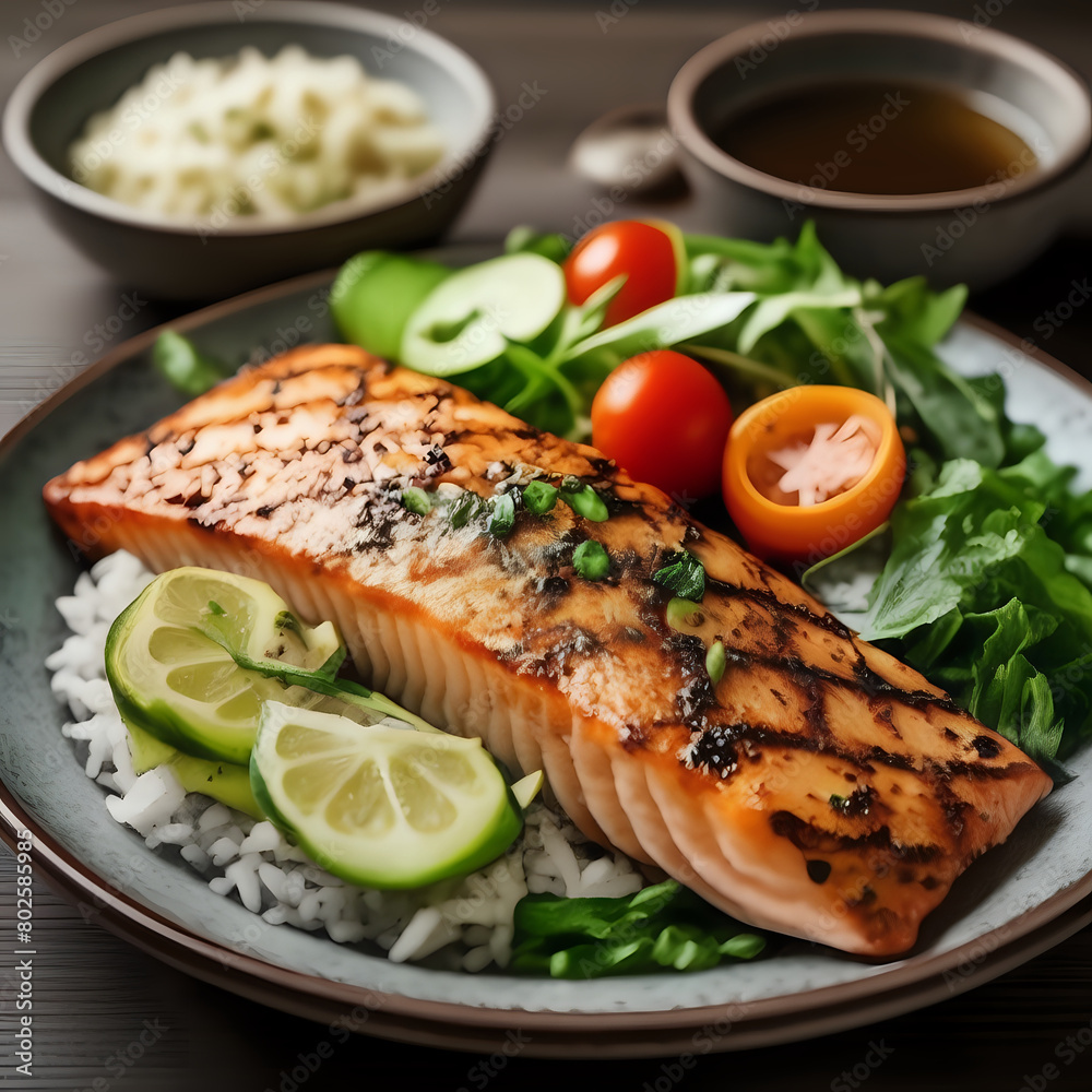Grilled Salmon with Rice and Salad - generated by ai Grilled Salmon with Rice and Salad - generated by ai