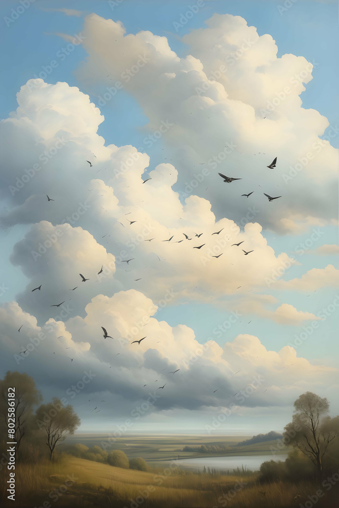 Obraz premium vintage painting art, landscape with birds and clouds, vertical orientation