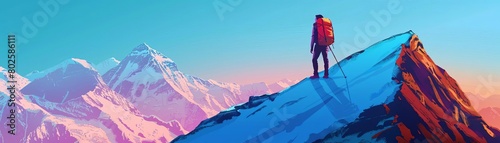 Backpacker updating blog, Himalayan backdrop, crisp morning air, vibrant colors, wide shot, clear sky photo