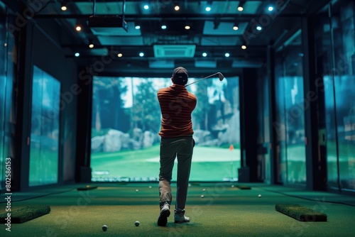 Golfer playing golf in indoor simulator Mixed media. golf simulator