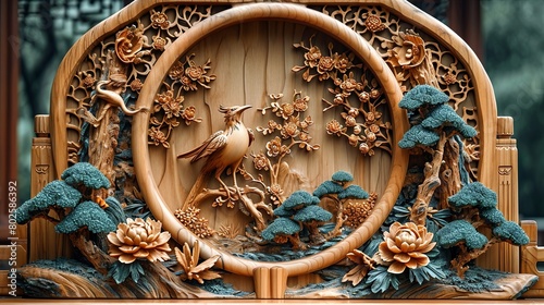 Exquisite Chinese Traditional Wood Carving Featuring a Bird and Floral Motifs photo