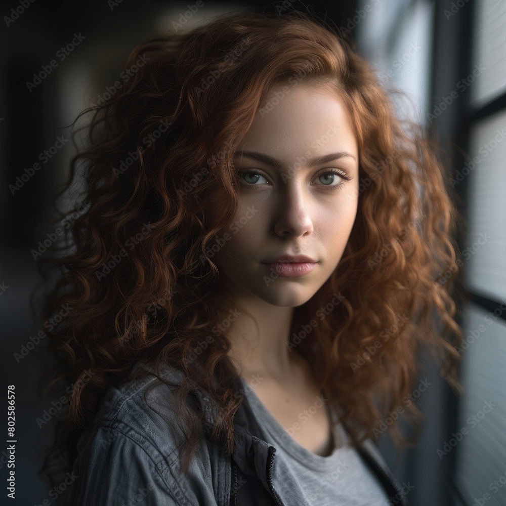 Pensive young woman with curly red hair Pensive young woman with curly red hair