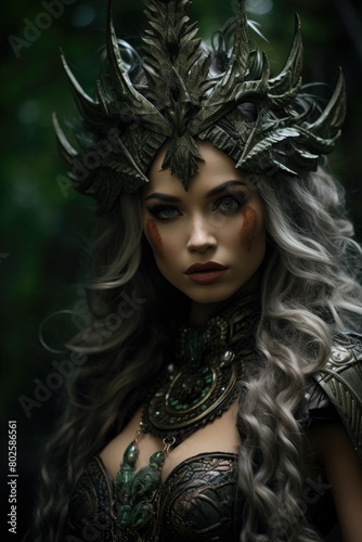 Mysterious fantasy warrior woman in dark costume