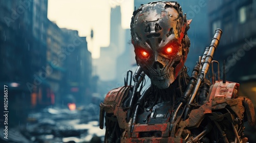 Futuristic cyborg warrior in a dystopian city