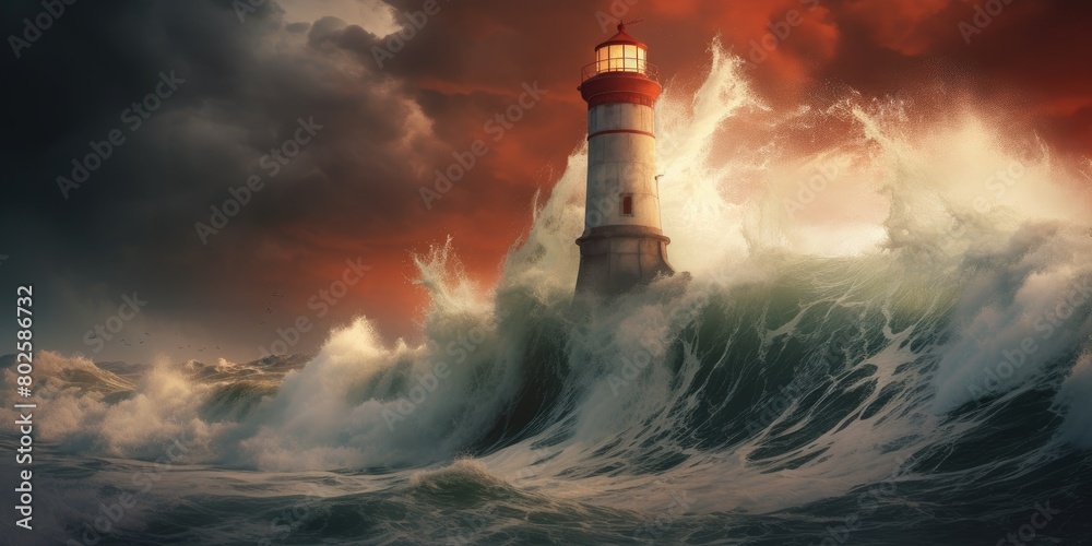 Dramatic lighthouse scene with crashing waves