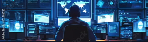Cybersecurity expert testing ecommerce site security, dark room, multiple screens, focused blue light, closeup