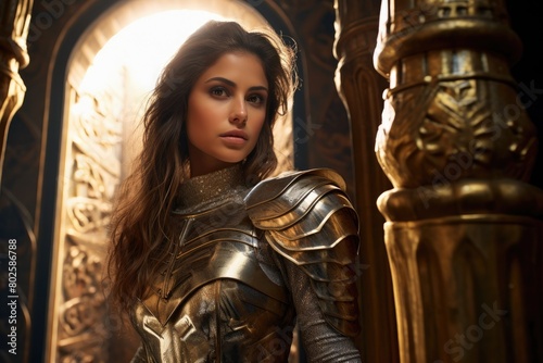 Powerful female warrior in golden armor