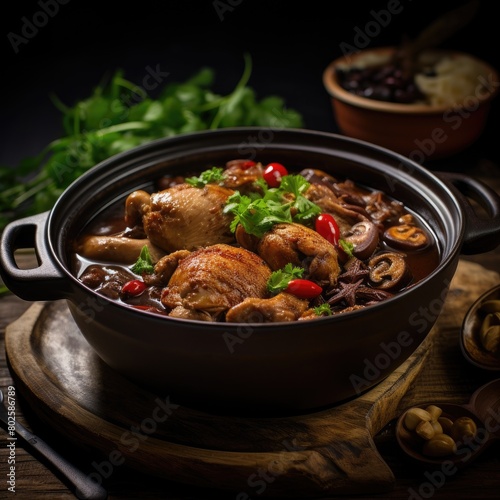 Hearty chicken stew in a dark pot