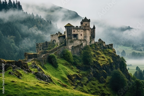 Majestic medieval castle on a misty mountain