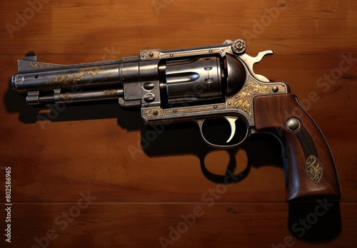 Ornate antique revolver on wooden surface