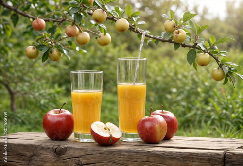 Apples and apple juice on orchard background, eco organic and vegan natural nutrition drink, healthy food digital illustration created with generative ai. photo