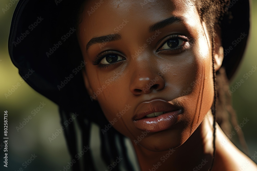 Pensive young woman with dark skin and braided hair Pensive young woman with dark skin and braided hair