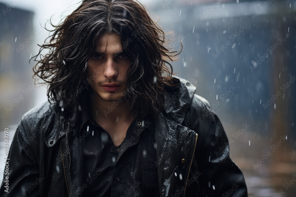 man with long dark hair in the rain man with long dark hair in the rain