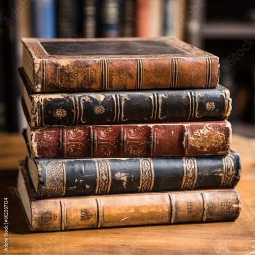 Vintage leather-bound books on wooden table