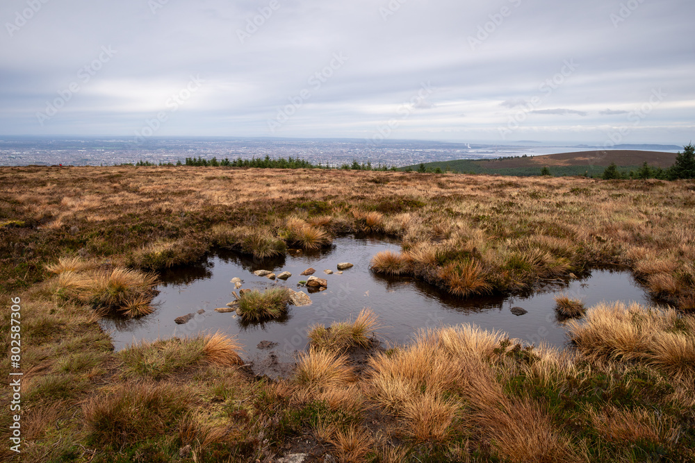 Panorama of Dublin City and the Dublin bay up to Howth as seen from Wicklow Mountains. Big puddle full of water in foreground with sky reflection. Panorama of Dublin City and the Dublin bay up to Howth as seen from Wicklow Mountains. Big puddle full of water in foreground with sky reflection.