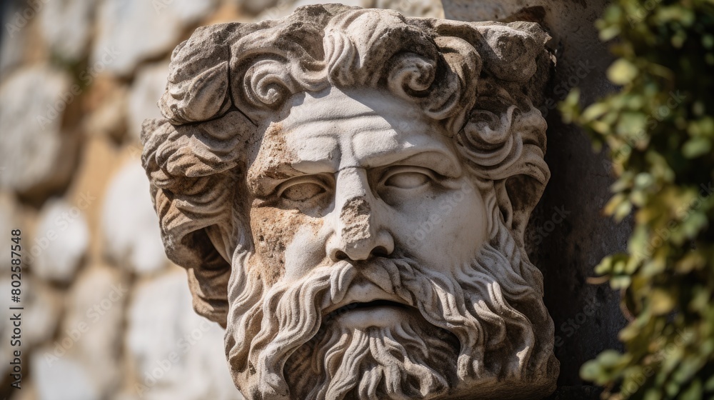 Ornate stone sculpture of a bearded man