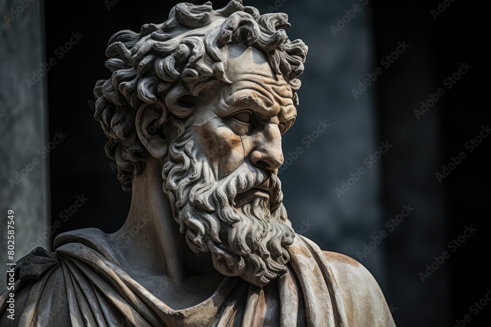Dramatic stone sculpture of a bearded man with intense expression