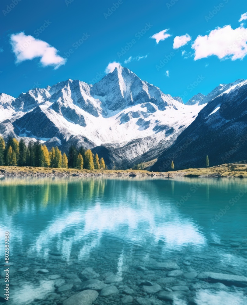 Majestic snow-capped mountains reflected in a serene alpine lake