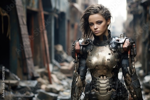 futuristic female cyborg warrior in post-apocalyptic setting © Balaraw